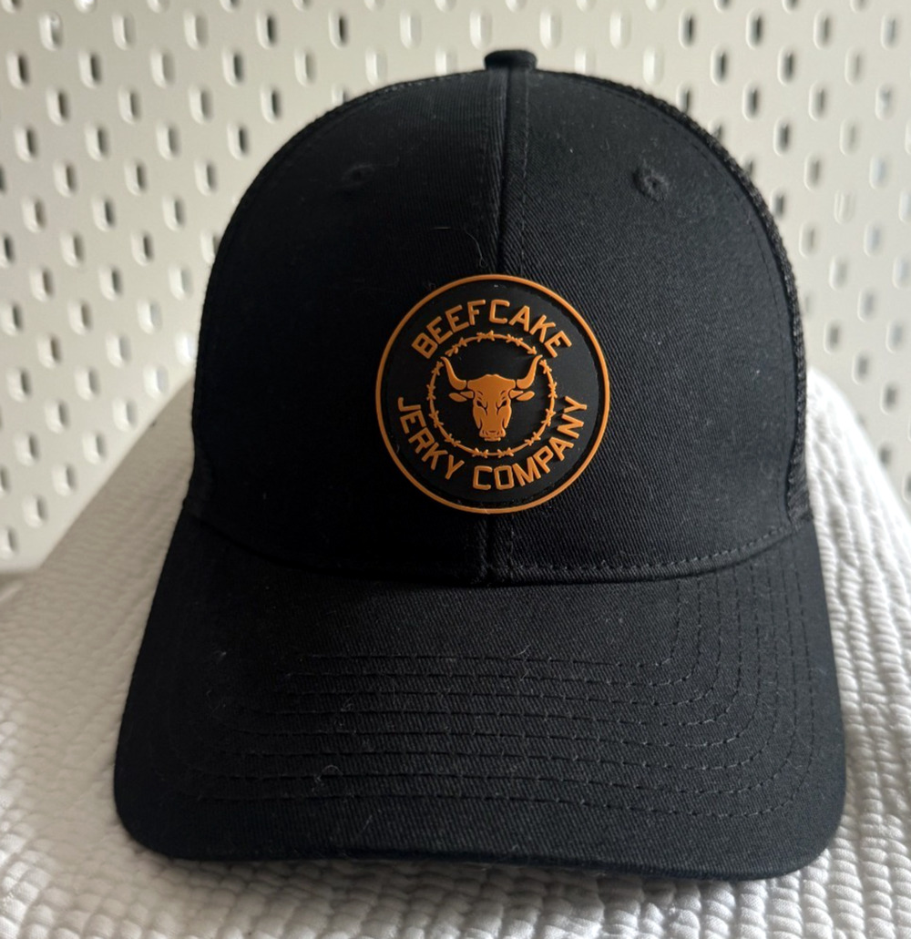 Beefcake Jerky Co. Hat Cap Adjustable SnapBack Mesh Trucker Orange Black